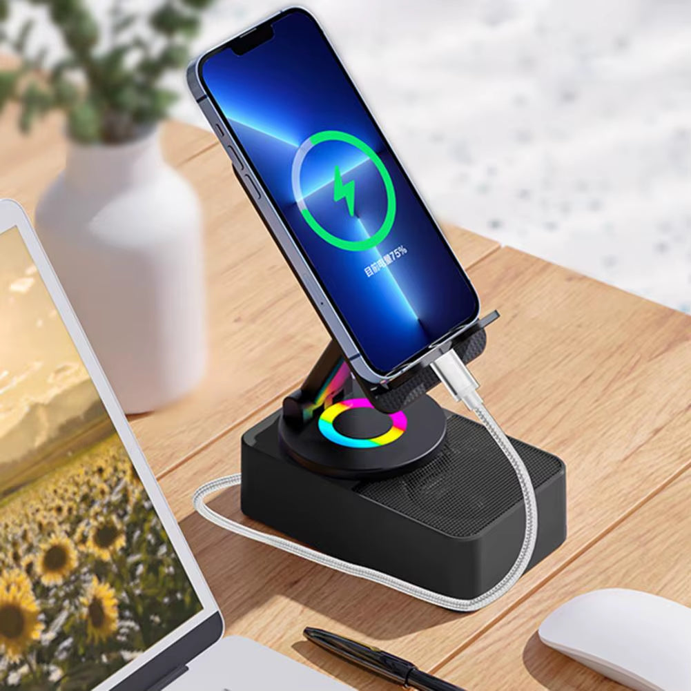 Bluetooth-Compatible Audio Power Phone Holder with Rotating Stand and Wireless Speaker - Foldable and Adjustable Cell Phone Stand
