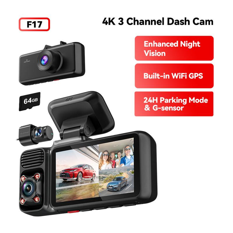 REDTIGER F17 Elite 4K 3-Channel Dash Cam with STARVIS 2 IMX678 & IMX675, 128GB Card, Full Night Color, 4K+2.5K+1080P Front Rear Inside, Touch Screen, Voice Control, 5Ghz Wifi 6, GPS, HDR, Parking Mode, 24 Hours Recording - Car Camera