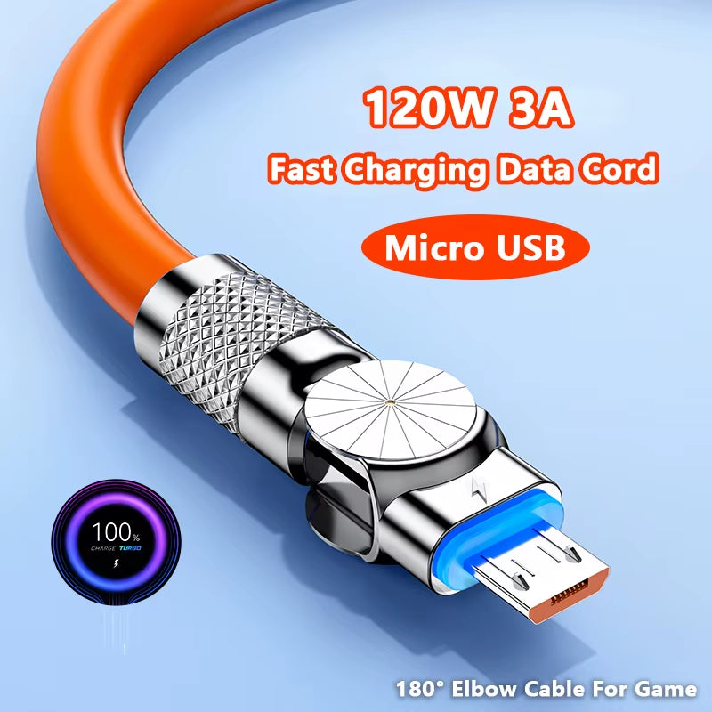 Micro USB 120W 3A Elbow Fast Charging Data Cable for Samsung Galaxy S7, S5, Xiaomi, and Android Devices