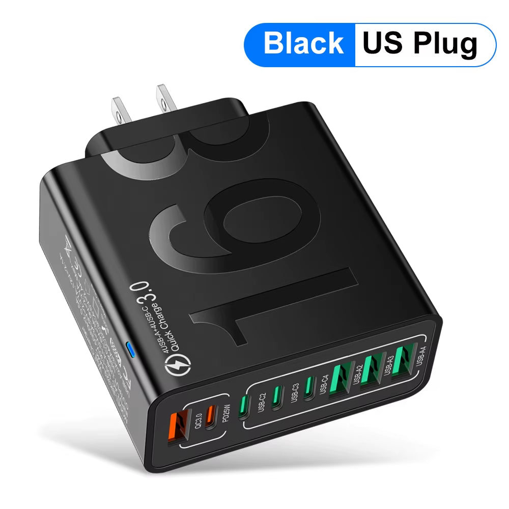 150W Multi-Port USB Fast Charging Wall Adapter for Xiaomi, iPhone, Samsung, Huawei - PD Type C Travel Charger with EU/US/KR Plug