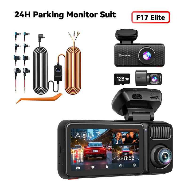 REDTIGER F17 Elite 4K 3-Channel Dash Cam with STARVIS 2 IMX678 & IMX675, 128GB Card, Full Night Color, 4K+2.5K+1080P Front Rear Inside, Touch Screen, Voice Control, 5Ghz Wifi 6, GPS, HDR, Parking Mode, 24 Hours Recording - Car Camera