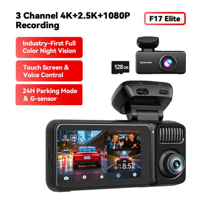 REDTIGER F17 Elite 4K 3-Channel Dash Cam with STARVIS 2 IMX678 & IMX675, 128GB Card, Full Night Color, 4K+2.5K+1080P Front Rear Inside, Touch Screen, Voice Control, 5Ghz Wifi 6, GPS, HDR, Parking Mode, 24 Hours Recording - Car Camera