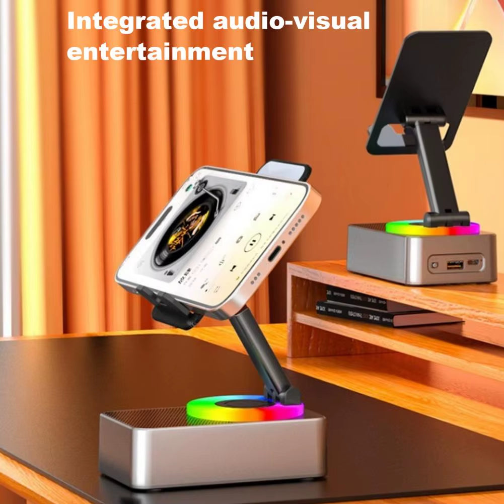 Bluetooth-Compatible Audio Power Phone Holder with Rotating Stand and Wireless Speaker - Foldable and Adjustable Cell Phone Stand