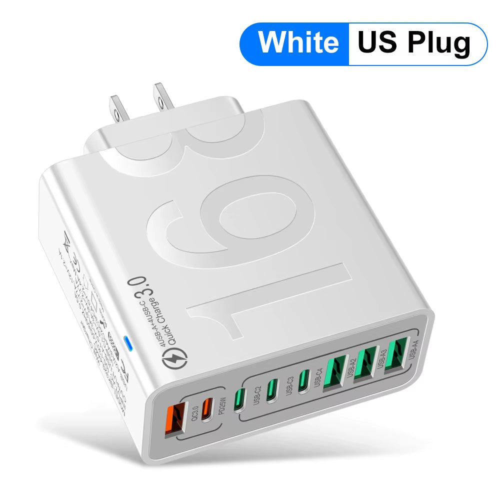 150W Multi-Port USB Fast Charging Wall Adapter for Xiaomi, iPhone, Samsung, Huawei - PD Type C Travel Charger with EU/US/KR Plug