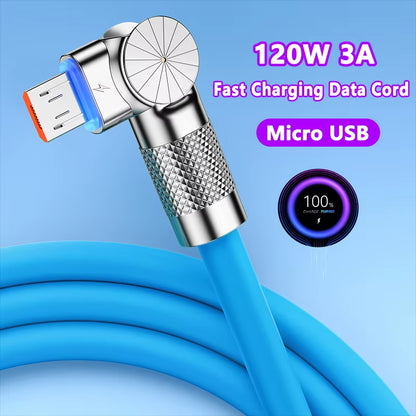 Micro USB 120W 3A Elbow Fast Charging Data Cable for Samsung Galaxy S7, S5, Xiaomi, and Android Devices