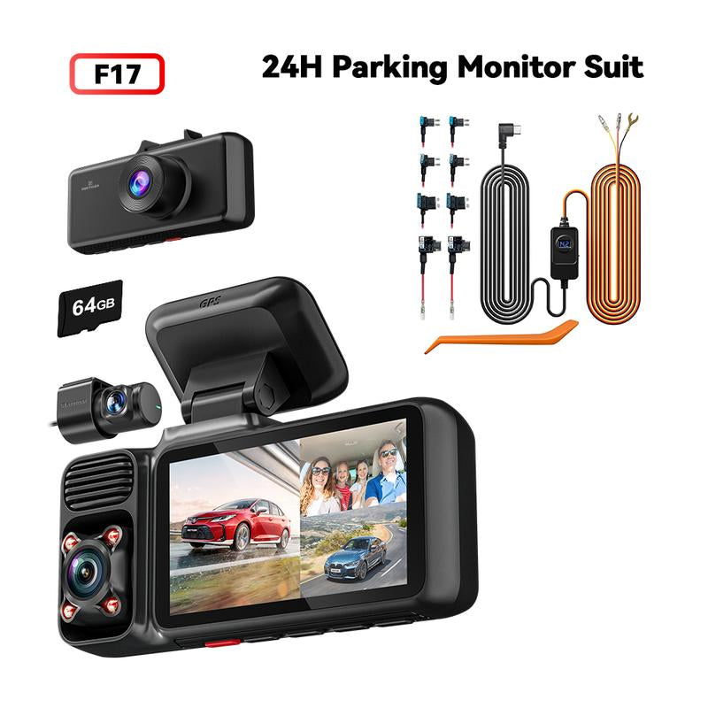 REDTIGER F17 Elite 4K 3-Channel Dash Cam with STARVIS 2 IMX678 & IMX675, 128GB Card, Full Night Color, 4K+2.5K+1080P Front Rear Inside, Touch Screen, Voice Control, 5Ghz Wifi 6, GPS, HDR, Parking Mode, 24 Hours Recording - Car Camera
