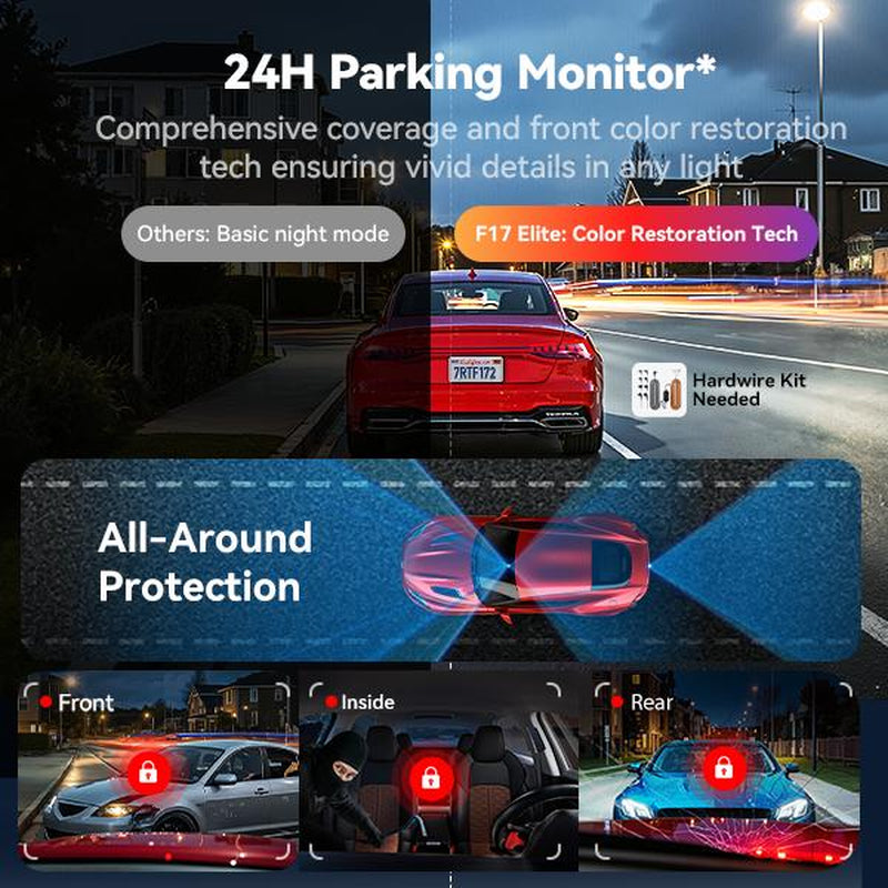 REDTIGER F17 Elite 4K 3-Channel Dash Cam with STARVIS 2 IMX678 & IMX675, 128GB Card, Full Night Color, 4K+2.5K+1080P Front Rear Inside, Touch Screen, Voice Control, 5Ghz Wifi 6, GPS, HDR, Parking Mode, 24 Hours Recording - Car Camera