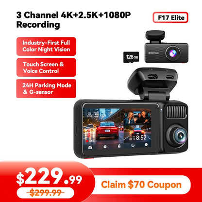 REDTIGER F17 Elite 4K 3-Channel Dash Cam with STARVIS 2 IMX678 & IMX675, 128GB Card, Full Night Color, 4K+2.5K+1080P Front Rear Inside, Touch Screen, Voice Control, 5Ghz Wifi 6, GPS, HDR, Parking Mode, 24 Hours Recording - Car Camera