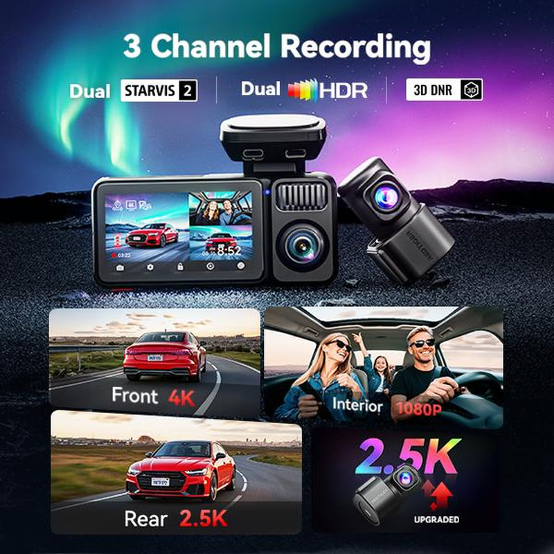 REDTIGER F17 Elite 4K 3-Channel Dash Cam with STARVIS 2 IMX678 & IMX675, 128GB Card, Full Night Color, 4K+2.5K+1080P Front Rear Inside, Touch Screen, Voice Control, 5Ghz Wifi 6, GPS, HDR, Parking Mode, 24 Hours Recording - Car Camera