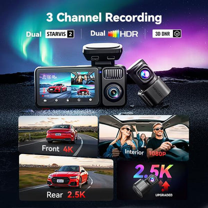 REDTIGER F17 Elite 4K 3-Channel Dash Cam with STARVIS 2 IMX678 & IMX675, 128GB Card, Full Night Color, 4K+2.5K+1080P Front Rear Inside, Touch Screen, Voice Control, 5Ghz Wifi 6, GPS, HDR, Parking Mode, 24 Hours Recording - Car Camera