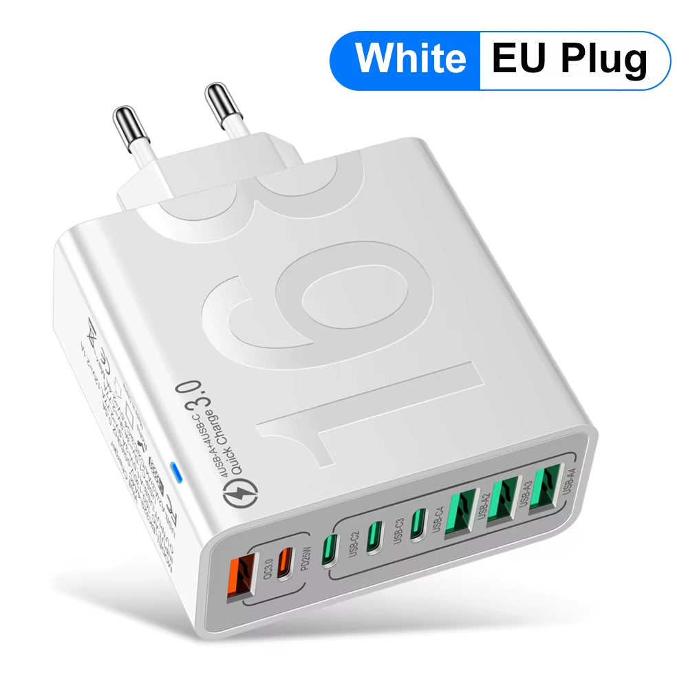 150W Multi-Port USB Fast Charging Wall Adapter for Xiaomi, iPhone, Samsung, Huawei - PD Type C Travel Charger with EU/US/KR Plug