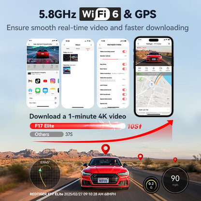 REDTIGER F17 Elite 4K 3-Channel Dash Cam with STARVIS 2 IMX678 & IMX675, 128GB Card, Full Night Color, 4K+2.5K+1080P Front Rear Inside, Touch Screen, Voice Control, 5Ghz Wifi 6, GPS, HDR, Parking Mode, 24 Hours Recording - Car Camera