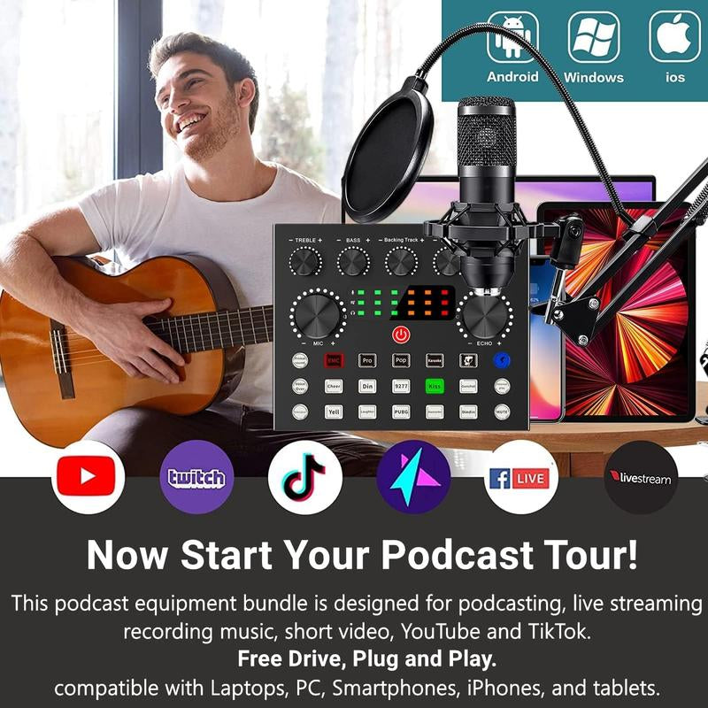 Podcast Equipment Bundle, BM800 Podcast Microphone Bundle with V8S Voice Changer, Condenser Microphone Recording Studio Package for Podcasting Live Streaming Singing PC Mobile Tiktok Youtube