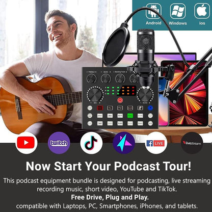 Podcast Equipment Bundle, BM800 Podcast Microphone Bundle with V8S Voice Changer, Condenser Microphone Recording Studio Package for Podcasting Live Streaming Singing PC Mobile Tiktok Youtube