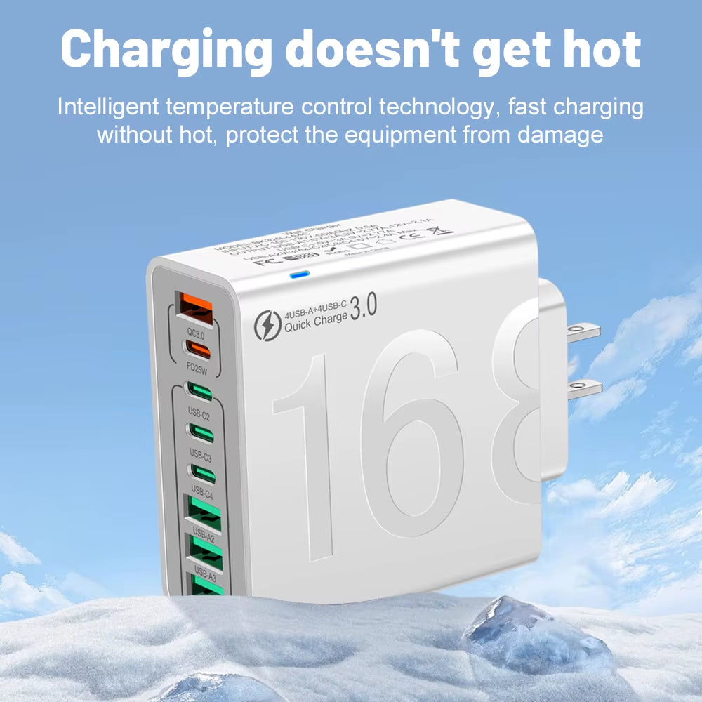 150W Multi-Port USB Fast Charging Wall Adapter for Xiaomi, iPhone, Samsung, Huawei - PD Type C Travel Charger with EU/US/KR Plug