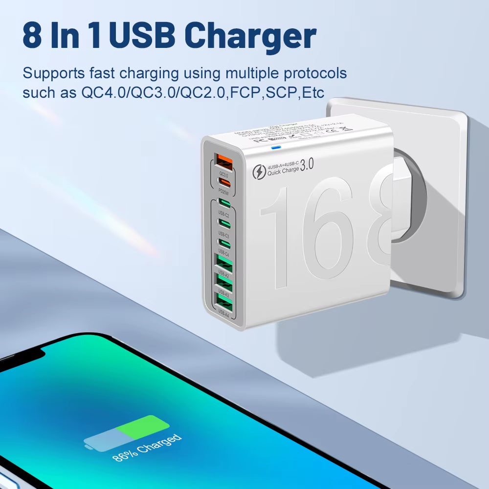 150W Multi-Port USB Fast Charging Wall Adapter for Xiaomi, iPhone, Samsung, Huawei - PD Type C Travel Charger with EU/US/KR Plug