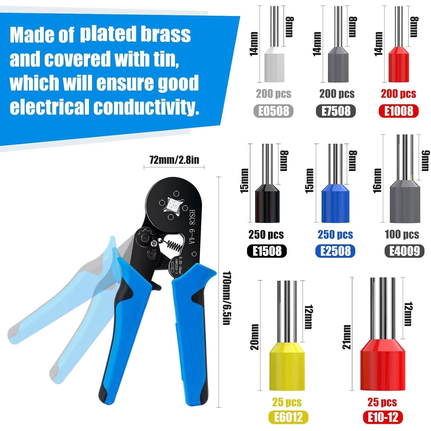 Ferrule Crimping Tool Kit with 1250 PCS Wire Ferrules and Self-Adjustable Ratchet Crimper Plier Set