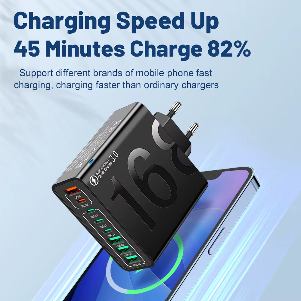150W Multi-Port USB Fast Charging Wall Adapter for Xiaomi, iPhone, Samsung, Huawei - PD Type C Travel Charger with EU/US/KR Plug